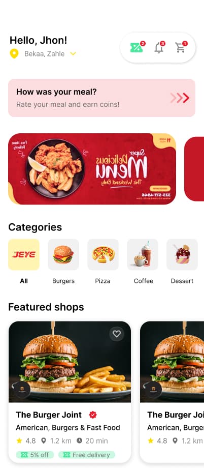 Jeye customer app home screen