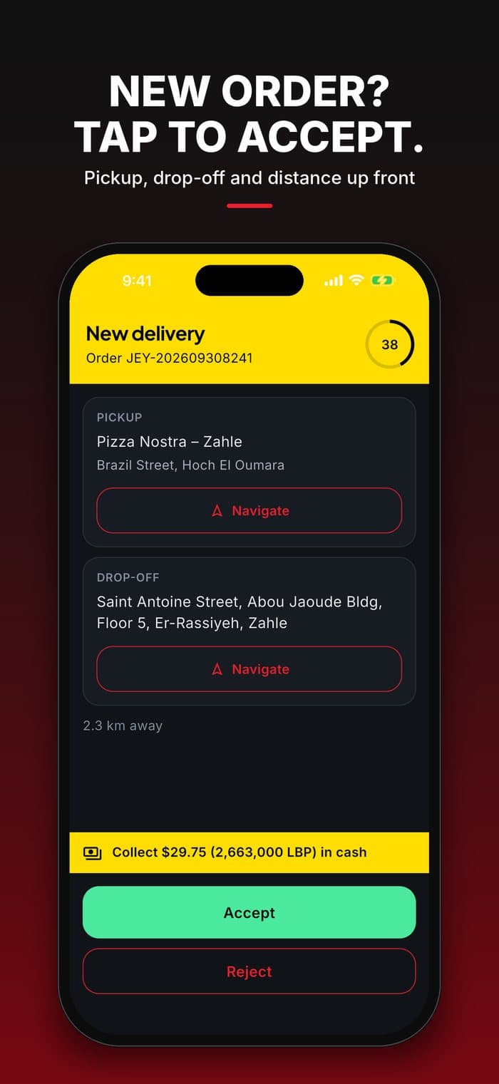 Jeye driver app: new delivery offer