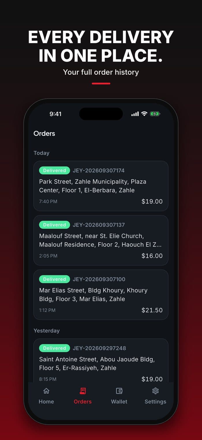 Jeye driver app: order history