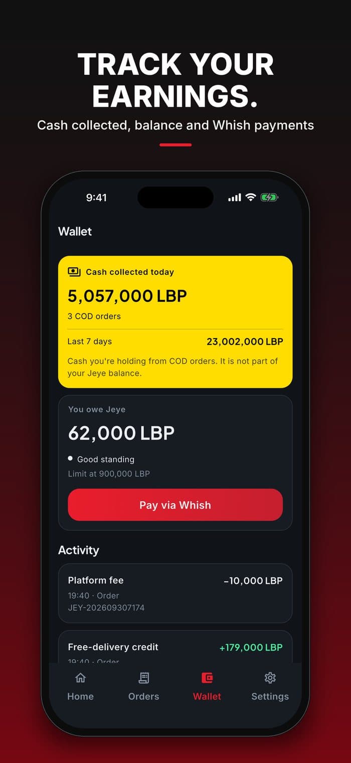 Jeye driver app: earnings wallet